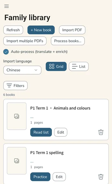 The Family library screen listing six items — word lists such as “P1 Term 1 · Animals and colours” and picture books with their covers, Chinese and English titles and an automatic HSK reading level — with buttons to import a PDF or add a new book.