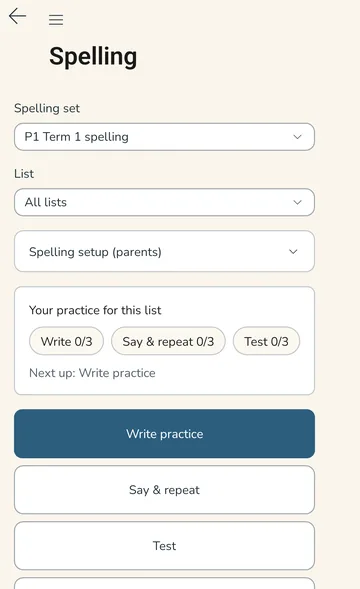 The Spelling screen for the set “P1 Term 1 spelling”, showing this list’s progress as Write, Say & repeat and Test chips each at 0 of 3, and buttons to start Write practice, Say & repeat, Test or Number flips.